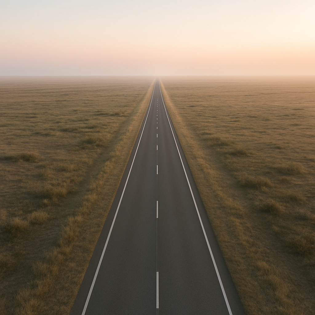 Empty open road stretching to horizon aerial view minimal composition soft morning light Empty open road stretching to horizon aerial view minimal composition soft morning light