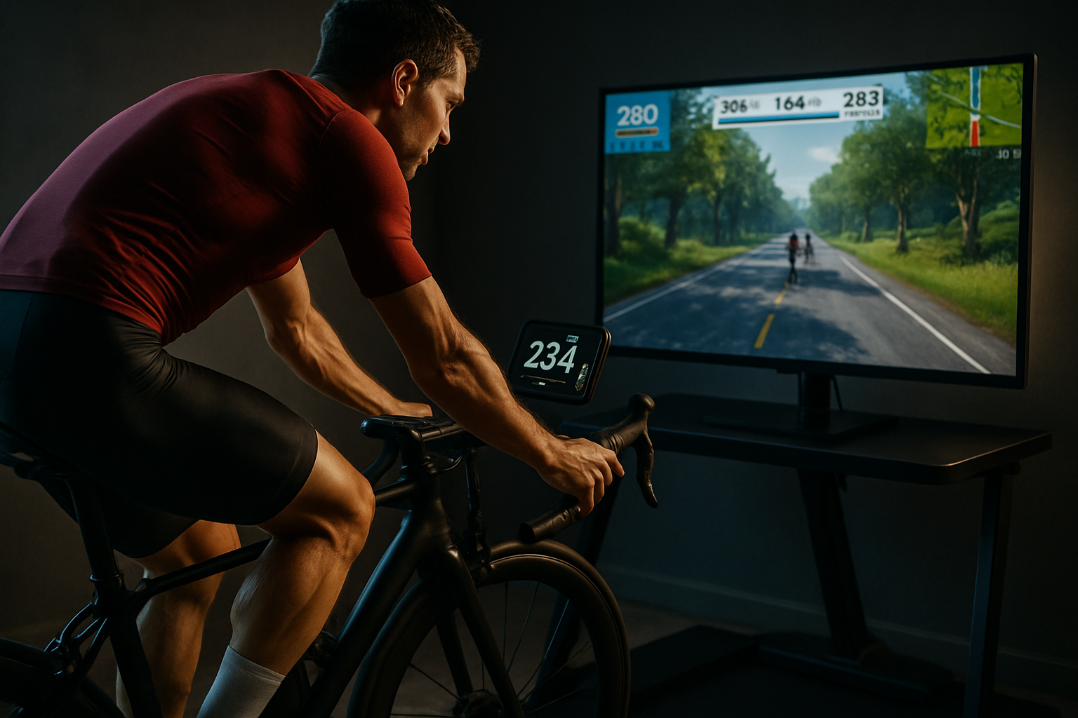 Professional cyclist on indoor trainer with power meter display in focus virtual cycling overlay visible on screen highend home training setup dramati