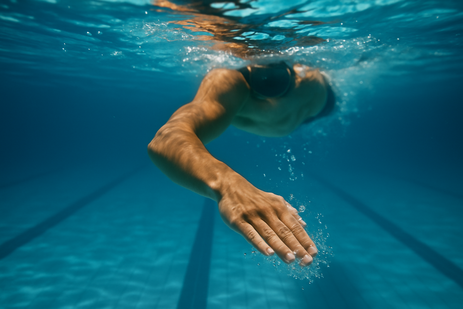 Swimmers arm midstroke in pool underwater view blue tones simple composition